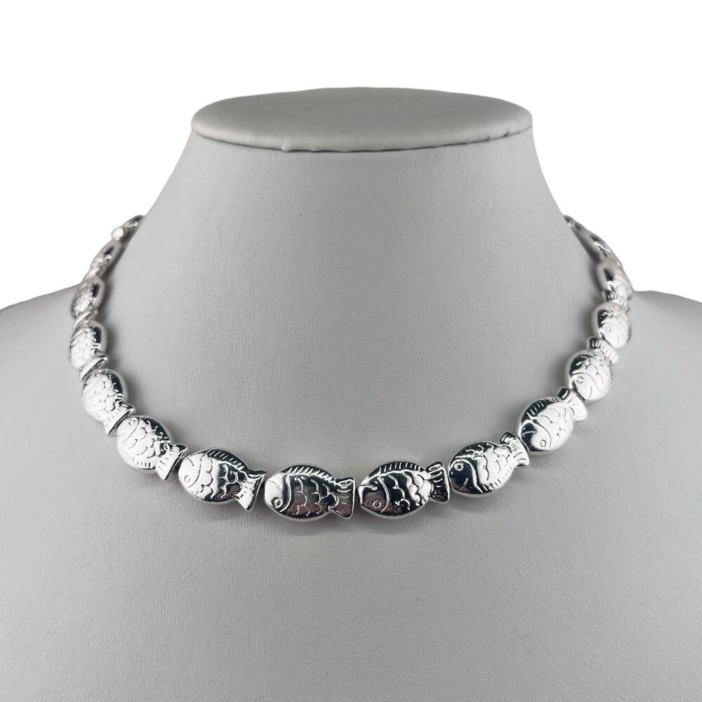 Fish Beaded 16" Heavy Silver Tone Chain Necklace